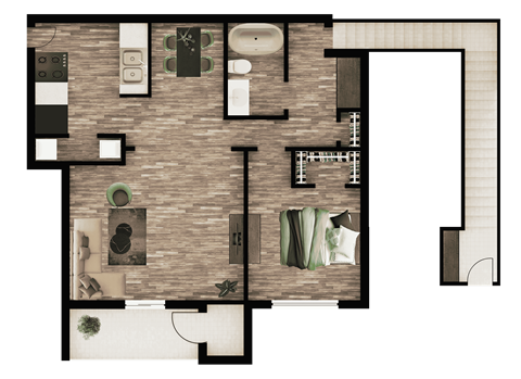 A floor plan of a house with a kitchen, living room, and bathroom.